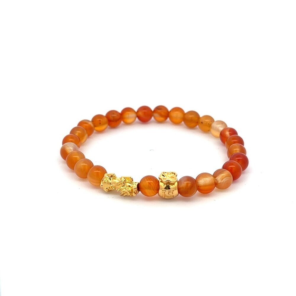 18K Gold Pixiu Piyao Money Bag Lucky Charm Bracelet Gemstone Carnelian 6mm